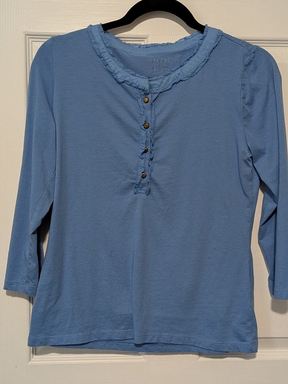 Talbots Blue Feminine Henley Tee Extra Small XS 3/4 Sleeve Ruffle Neck